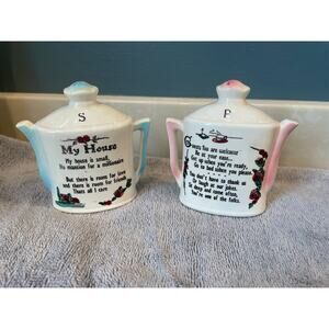 Vintage Floral Tea Pot Salt and Pepper Shakers With Home Poem Made In Japan